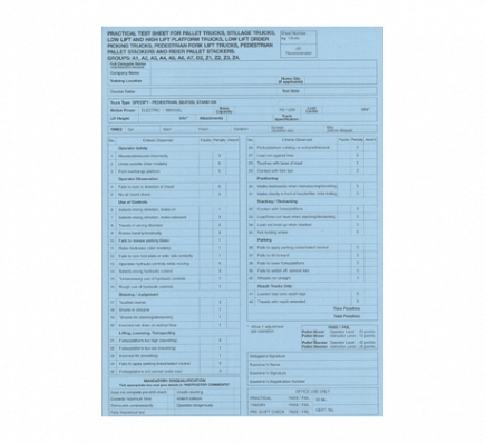 Pallet Truck / Stacker Test Sheets